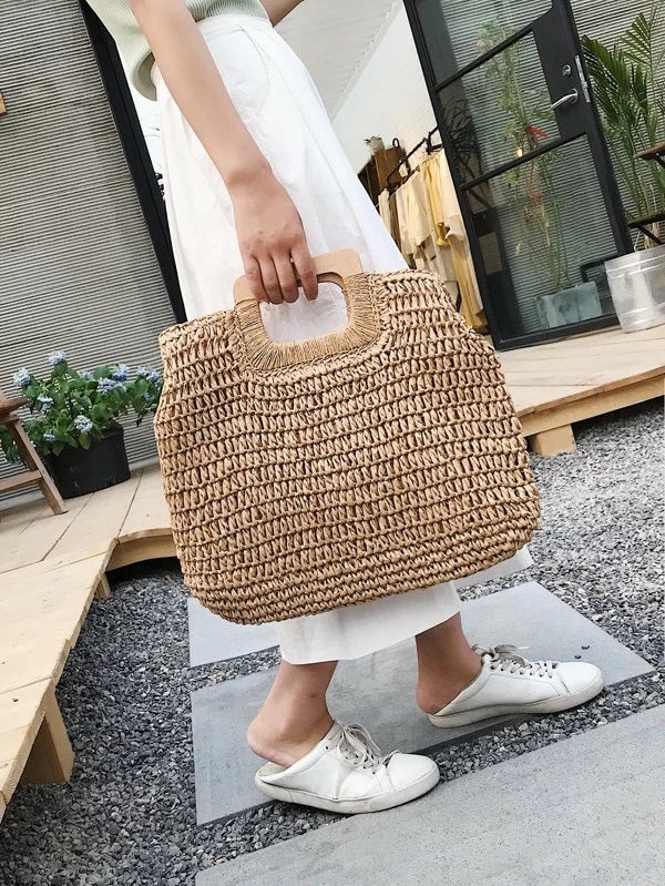CM-BGS226558 Women Trendy Bohemian Style Braided Tote Bag With Wooden Handle - Khaki