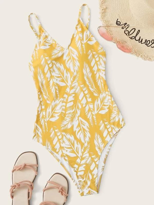 CM-SWS227704 Women Trendy Seoul Style Palm Leaf Print One Piece Swimsuit - Yellow