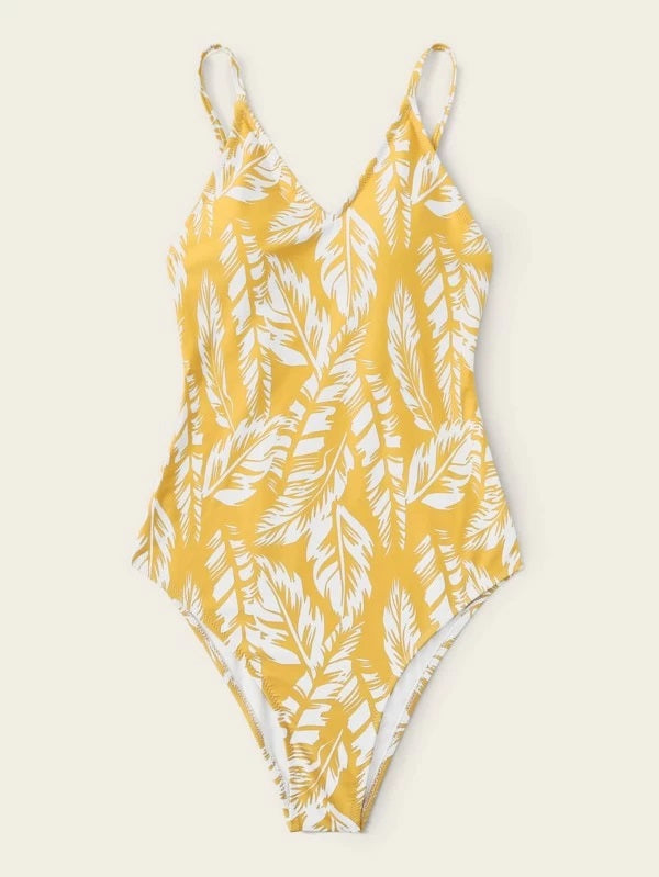 CM-SWS227704 Women Trendy Seoul Style Palm Leaf Print One Piece Swimsuit - Yellow