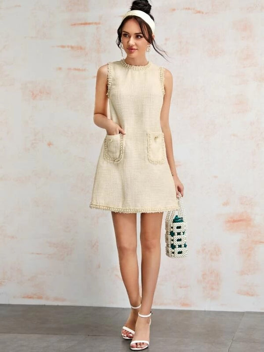 CM-DS216623 Women Elegant Seoul Style Sleeveless Pearl Beaded Pocket Patched Tweed Dress - Beige
