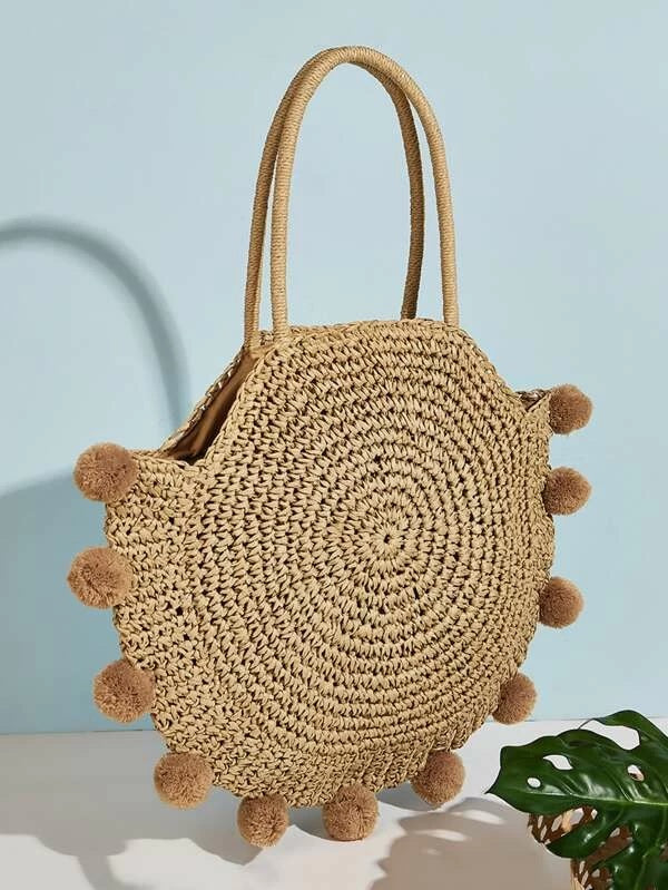 CM-BGS227524 Women Trendy Bohemian Style Pom Pom Decor Round Woven Tote Bag - Khaki