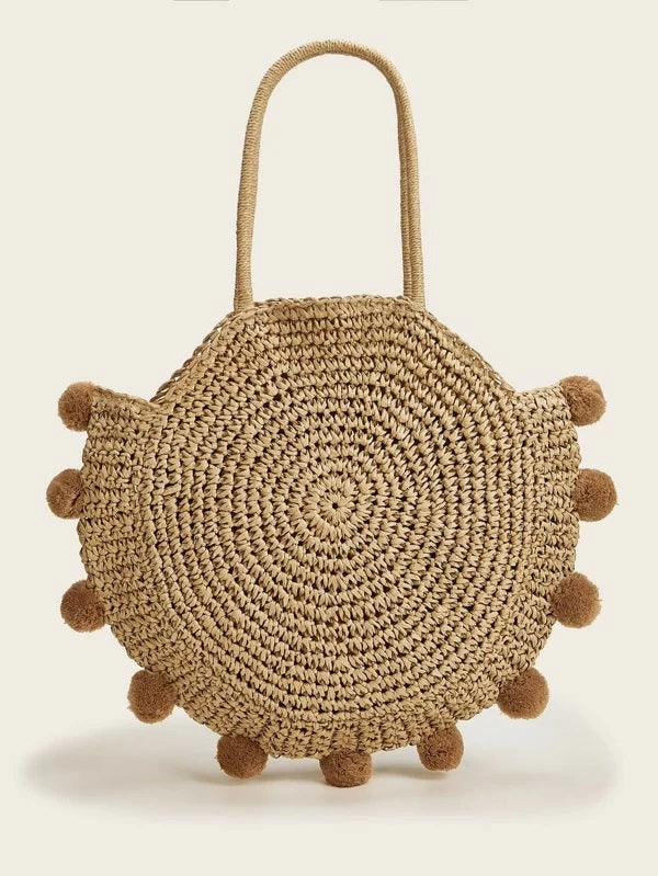 CM-BGS227524 Women Trendy Bohemian Style Pom Pom Decor Round Woven Tote Bag - Khaki