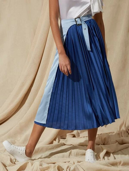 CM-BS228252 Women Casual Seoul Style High Waist Buckle Belted Pleated Satin Long Skirt - Blue