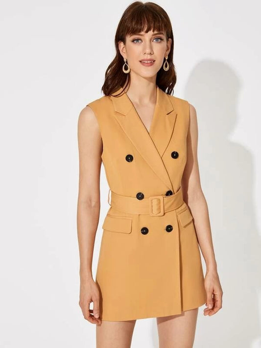 CM-CS214110 Women Elegant Seoul Style Notch Collar Double Breasted Buckle Belted Blazer Dress