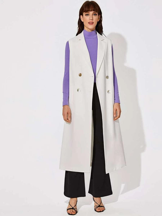 CM-CS213886 Women Elegant Seoul Style Sleeveless Notch Collar Double Breasted Longline Vest - White