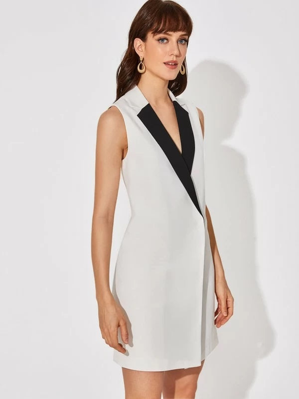 CM-CS209948 Women Elegant Seoul Style Contrast Notched Collar Sleeveless Blazer Dress - White