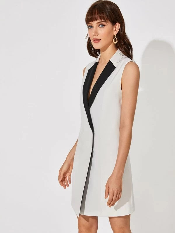 CM-CS209948 Women Elegant Seoul Style Contrast Notched Collar Sleeveless Blazer Dress - White