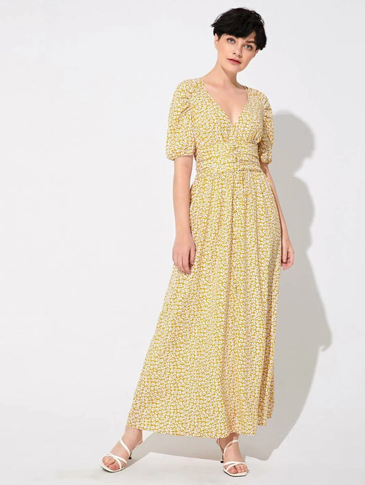 CM-DS110671 Women Elegant Seoul V-Neck Style Raglan Sleeve Ditsy Floral Print Maxi Dress - Yellow