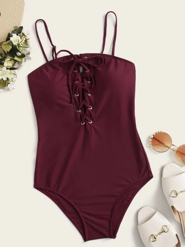 CM-SWS228964 Women Trendy Seoul Style Lace Up Front One Piece Swimsuit - Wine Red