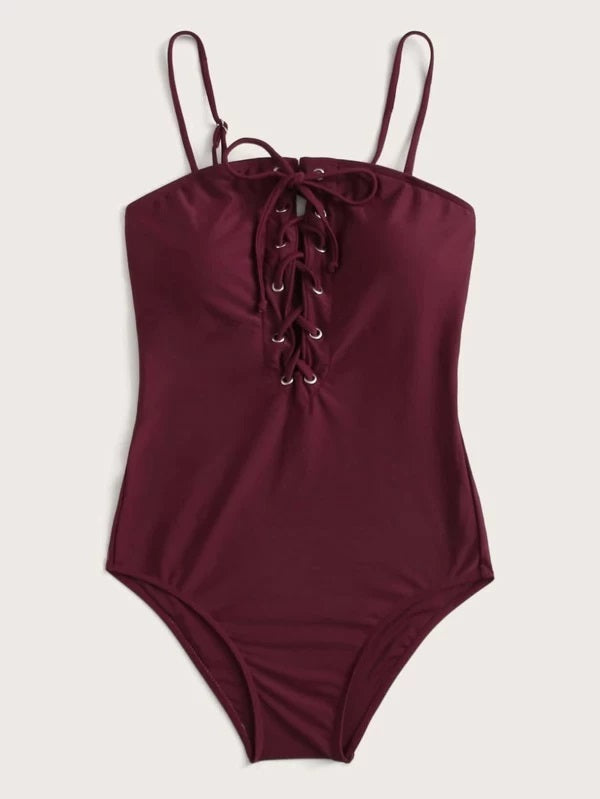 CM-SWS228964 Women Trendy Seoul Style Lace Up Front One Piece Swimsuit - Wine Red