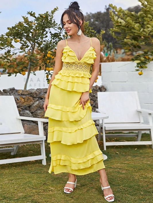 CM-DS219169 Women Elegant Seoul Style Guipure Lace Insert Layered Ruffle Trim Cami Dress - Yellow