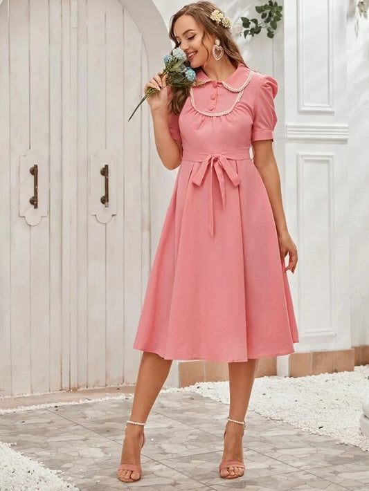 CM-DS227168 Women Casual Seoul Style Short Sleeve Peter Pan Collar Self Tie A-Line Dress - Pink