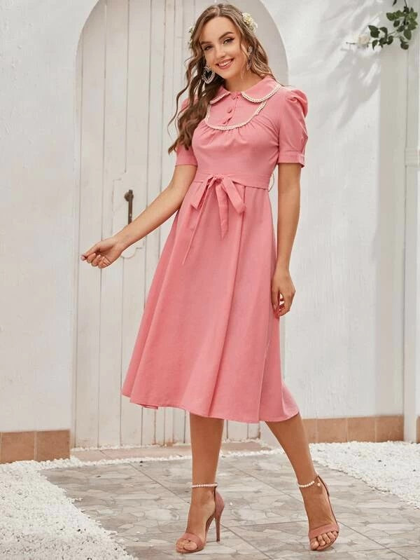 CM-DS227168 Women Casual Seoul Style Short Sleeve Peter Pan Collar Self Tie A-Line Dress - Pink