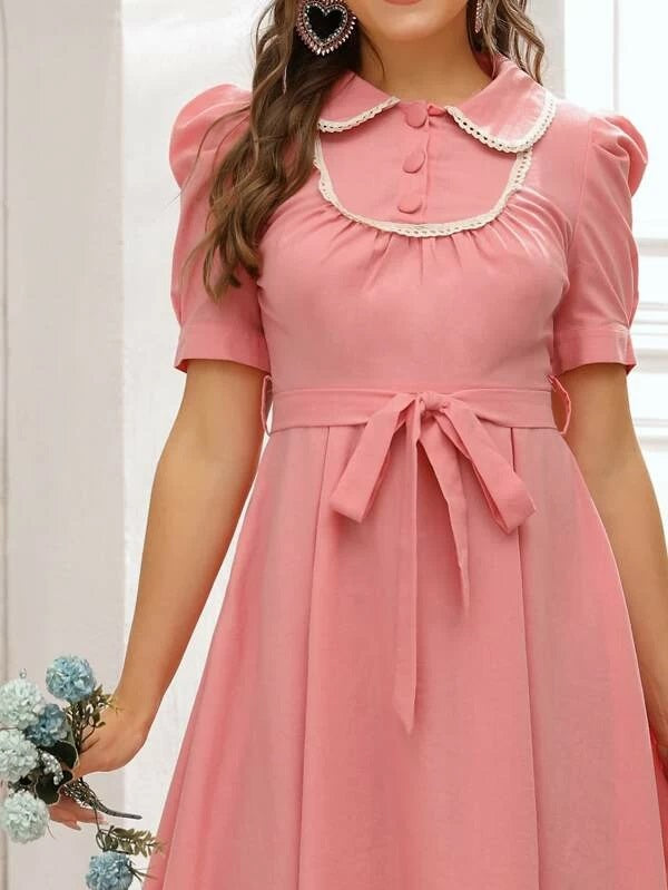 CM-DS227168 Women Casual Seoul Style Short Sleeve Peter Pan Collar Self Tie A-Line Dress - Pink