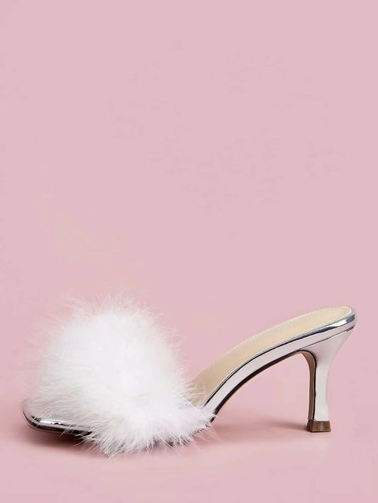 CM-SHS218344 Women Elegant Seoul Style Faux Fur Stiletto Heeled Mules - White