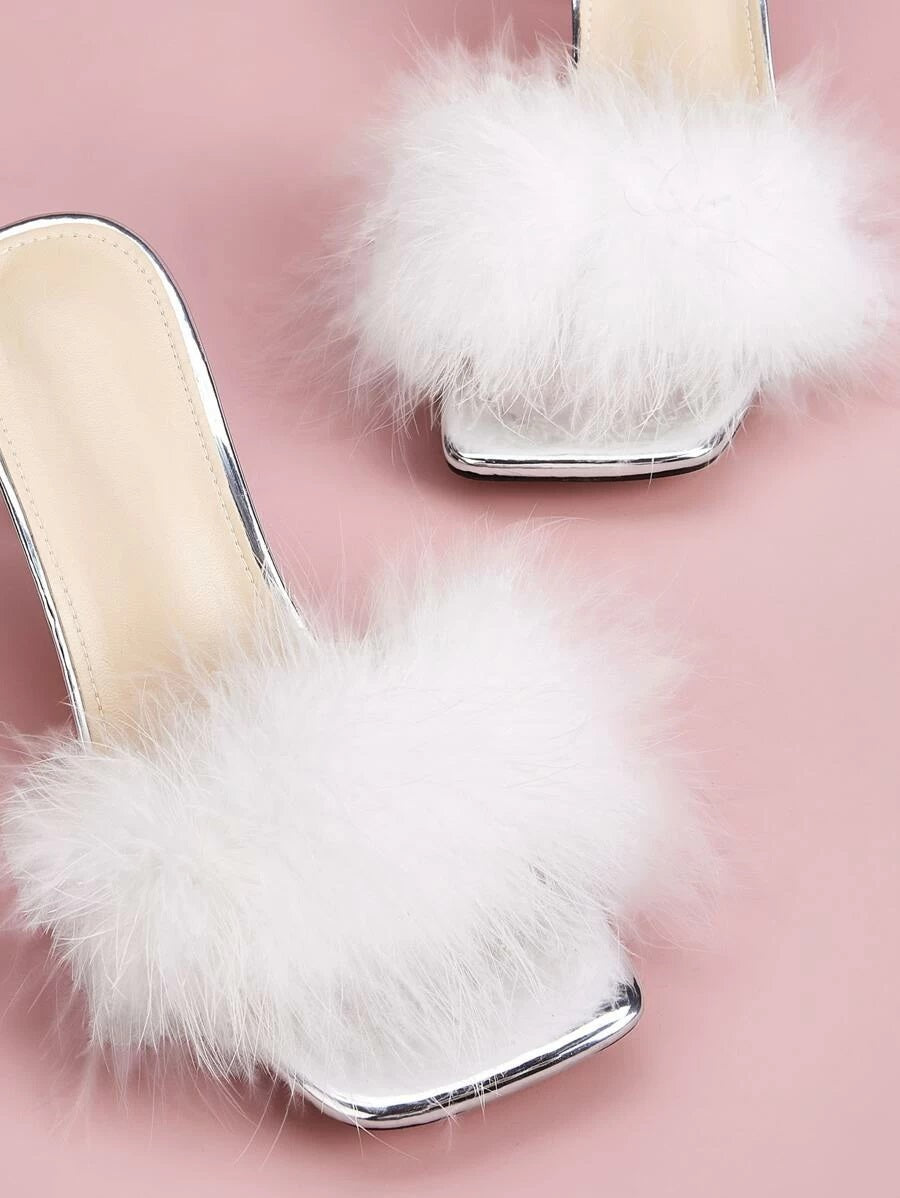 CM-SHS218344 Women Elegant Seoul Style Faux Fur Stiletto Heeled Mules - White