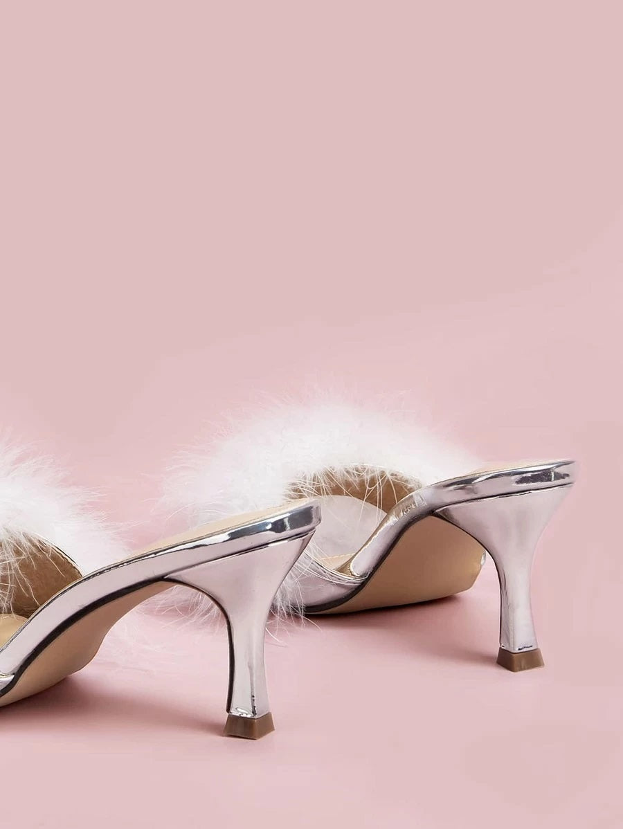 CM-SHS218344 Women Elegant Seoul Style Faux Fur Stiletto Heeled Mules - White