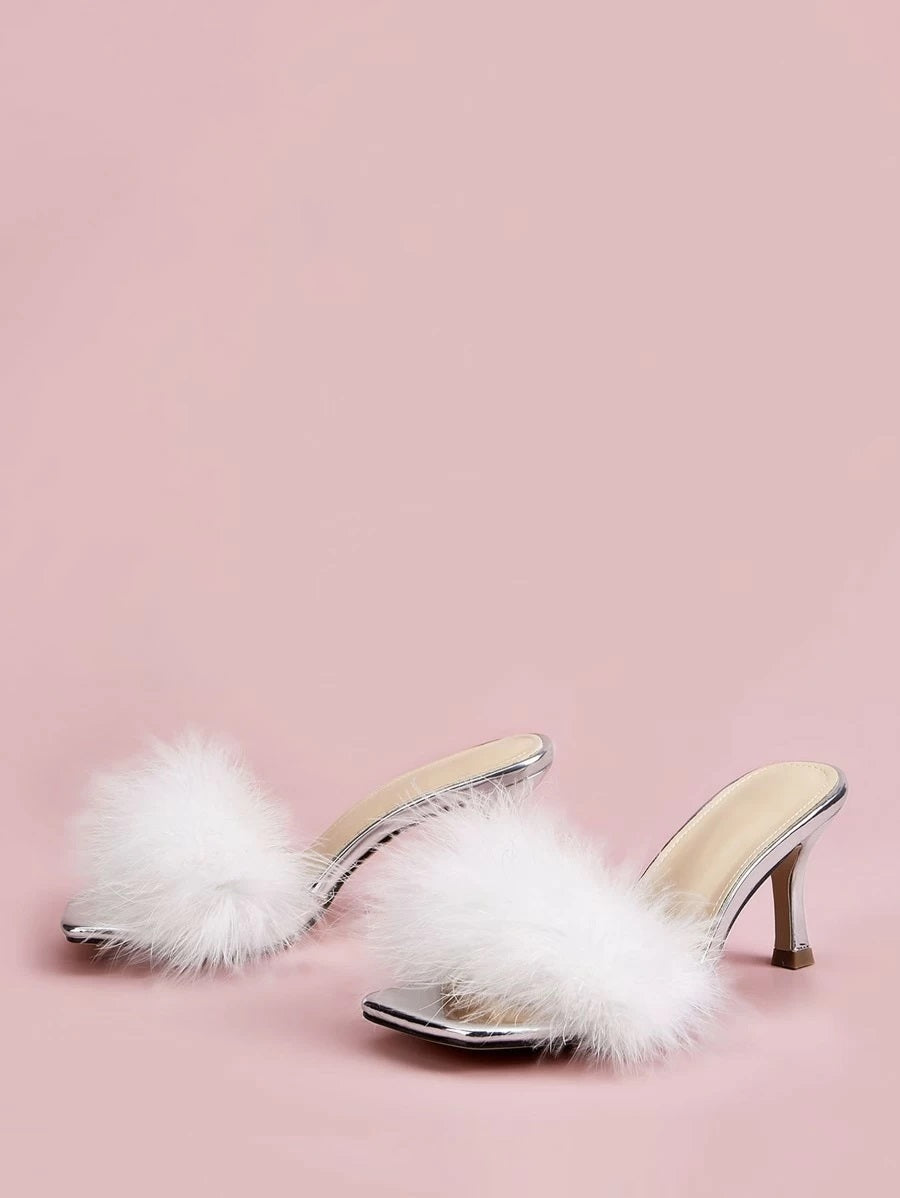 CM-SHS218344 Women Elegant Seoul Style Faux Fur Stiletto Heeled Mules - White
