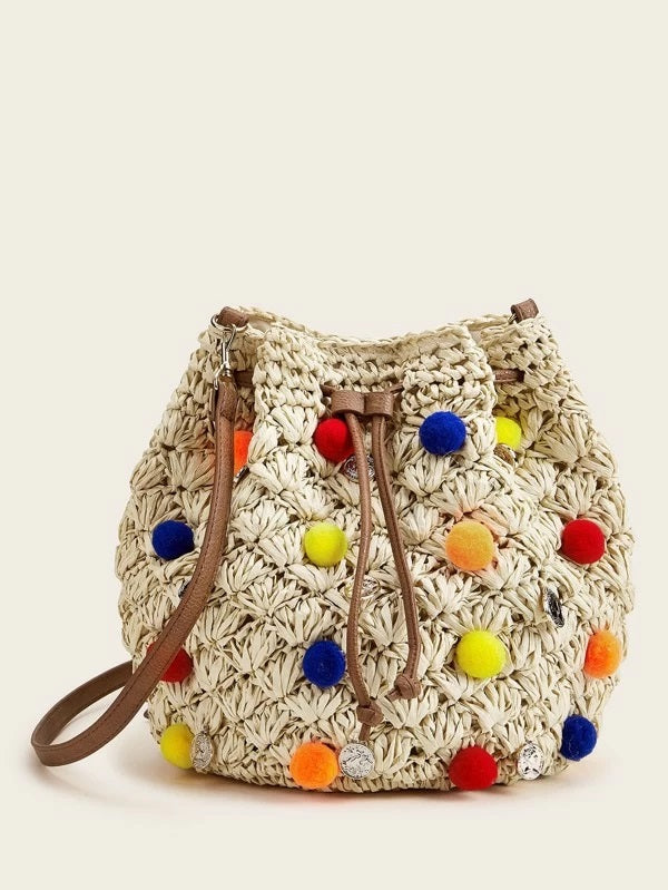 CM-BGS302934 Women Trendy Bohemian Style Pom-Pom Decor Woven Crossbody Bag - Khaki