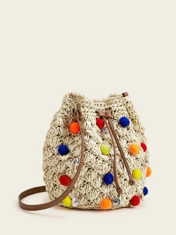 CM-BGS302934 Women Trendy Bohemian Style Pom-Pom Decor Woven Crossbody Bag - Khaki