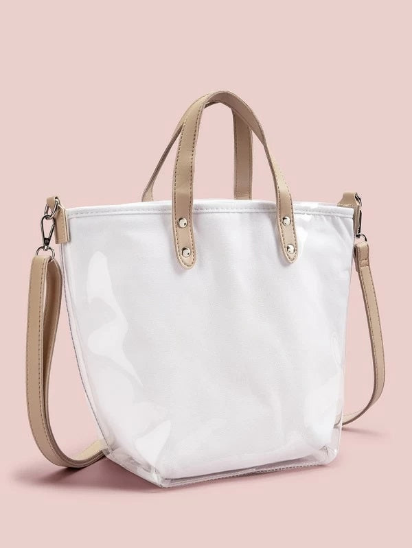 CM-BGS304498 Women Trendy Seoul Style PVC Cover Canvas Tote Bag - White