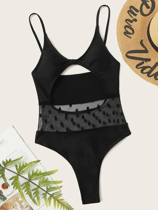 CM-SWS302296 Women Trendy Seoul Style Contrast Mesh Cut-Out One Piece Swimsuit - Black