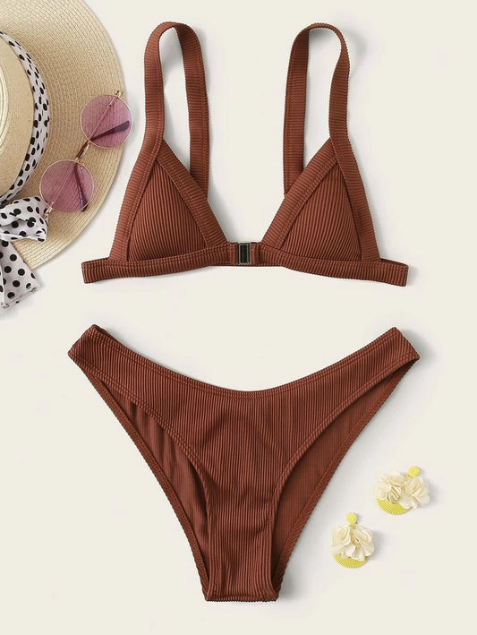 CM-SWS305356 Women Trendy Seoul Style Rib Triangle High Cut Bikini Swimsuit - Brown