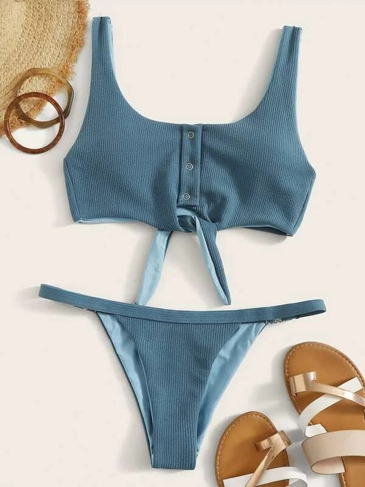 CM-SWS302088 Women Trendy Seoul Style Rib Knot Front Top With Tanga Bikini Set - Blue
