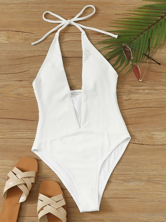 CM-SWS302856 Women Trendy Seoul Style Plunge Halter One Piece Swimsuit - White
