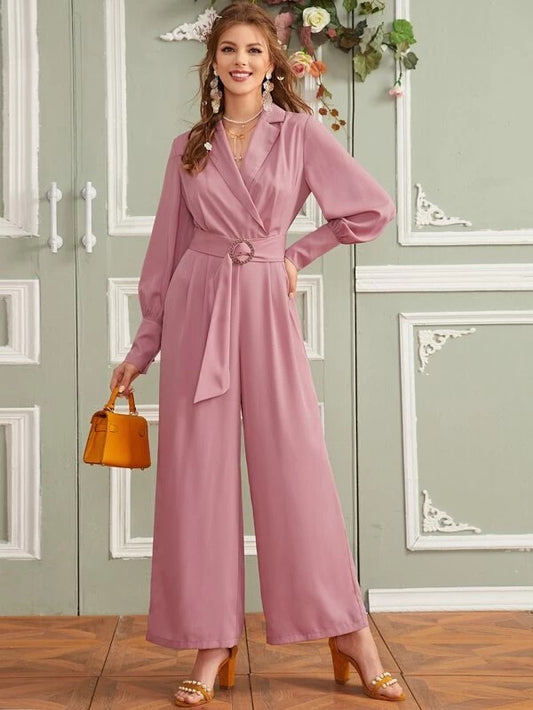 CM-JS219944 Women Elegant Seoul Style Notched Collar O-Ring Belted Wide Leg Jumpsuit - Pink
