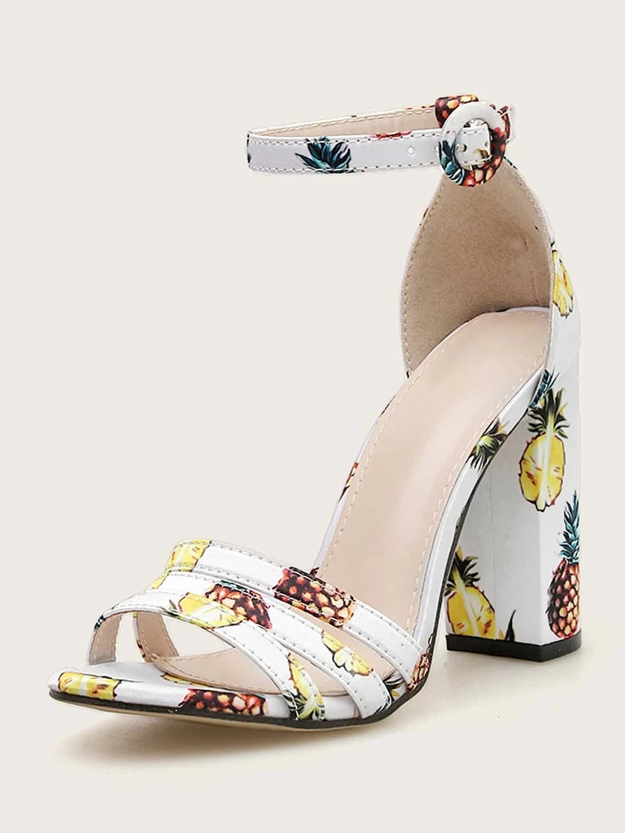 CM-SHS304398 Women Trendy Seoul Style Pineapple Print Ankle Strap Chunky Heels