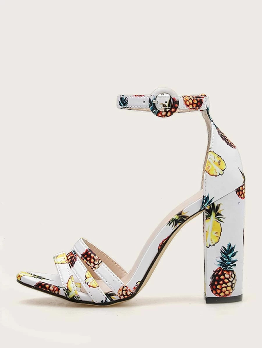 CM-SHS304398 Women Trendy Seoul Style Pineapple Print Ankle Strap Chunky Heels