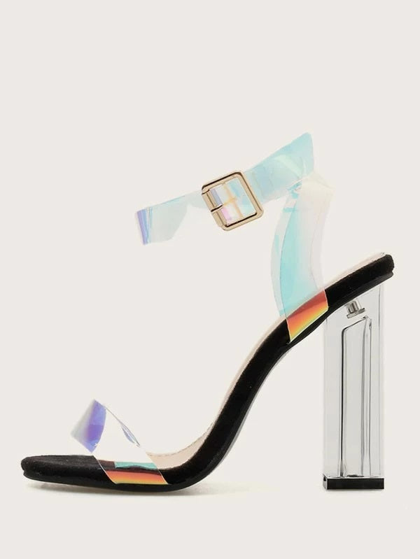 CM-SHS304834 Women Elegant Seoul Style Holographic Ankle Strap Clear Chunky Heels