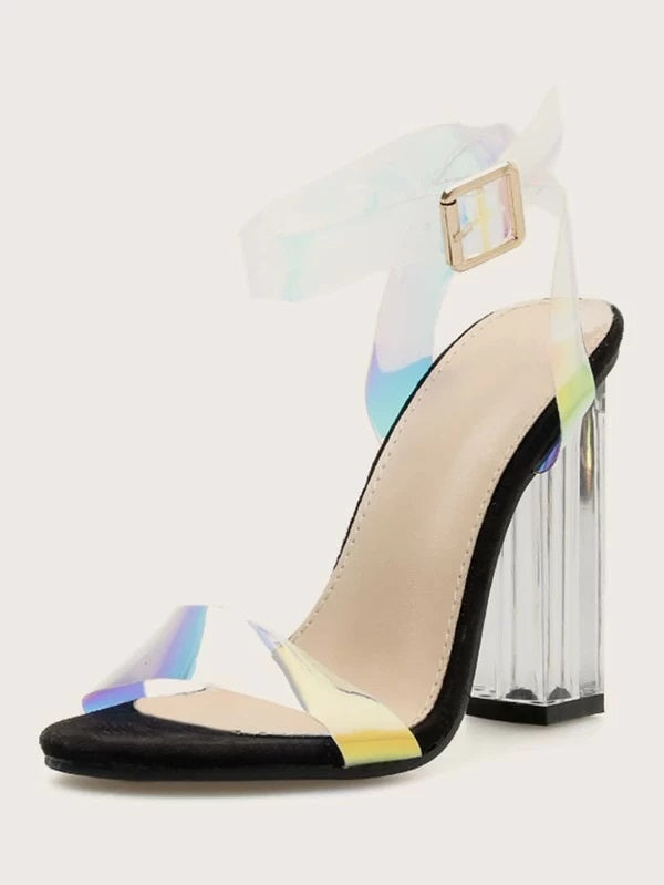 CM-SHS304834 Women Elegant Seoul Style Holographic Ankle Strap Clear Chunky Heels