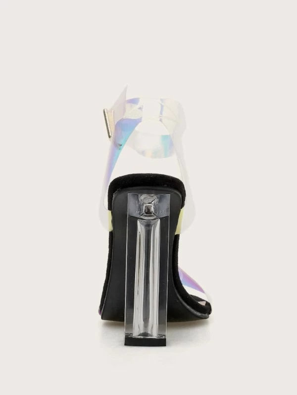 CM-SHS304834 Women Elegant Seoul Style Holographic Ankle Strap Clear Chunky Heels