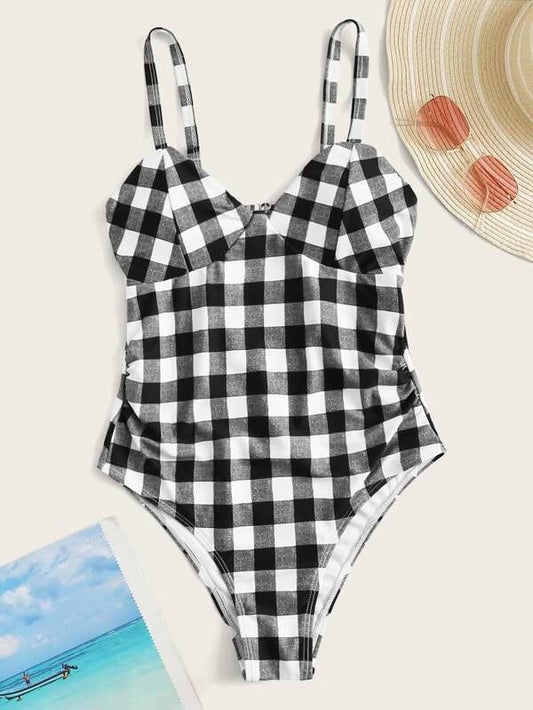 CM-SWS304910 Women Trendy Seoul Style Gingham Ruched One Piece Swimsuit - Black