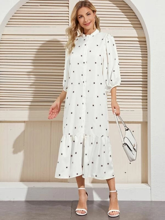 CM-DS302281 Women Casual Seoul Style Long Sleeve Geometric Print Mock Neck Shirt Dress - White