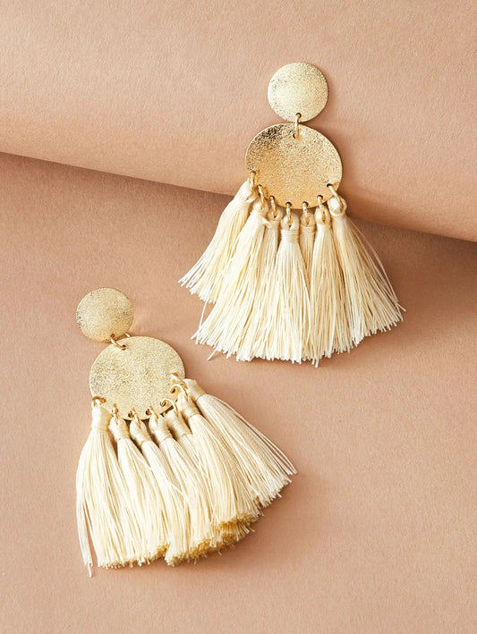 CM-AXS306881 Women Trendy Seoul Style Metallic Round Decor Tassel Fringe Drop Earrings