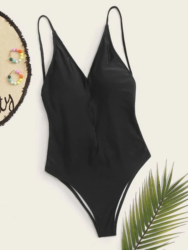 CM-SWS304538 Women Trendy Seoul Style Zip Front One Piece Swimsuit - Black