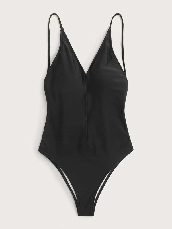 CM-SWS304538 Women Trendy Seoul Style Zip Front One Piece Swimsuit - Black