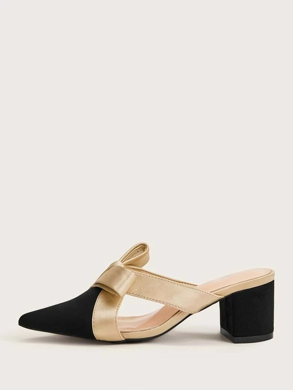 CM-SHS306810 Women Elegant Seoul Style Point Toe Bow Decor Chunky Heeled Mules