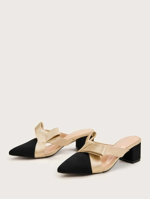 CM-SHS306810 Women Elegant Seoul Style Point Toe Bow Decor Chunky Heeled Mules