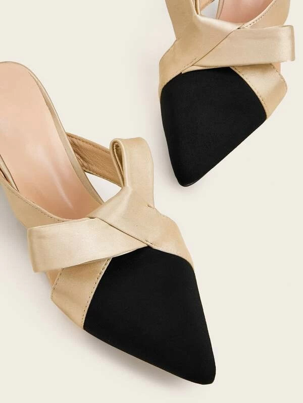 CM-SHS306810 Women Elegant Seoul Style Point Toe Bow Decor Chunky Heeled Mules