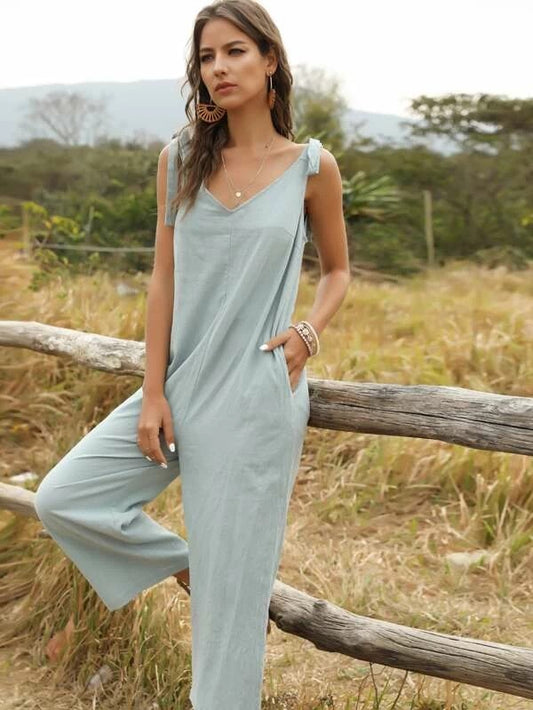 CM-JS306328 Women Casual Seoul Style Sleeveless V-Back Knotted Slant Pocket Jumpsuit - Green