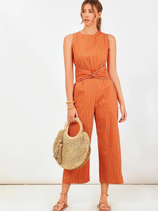 CM-JS224772 Women Trendy Bohemian Style Twist Waist Striped Wide Leg Sleeveless Jumpsuit - Orange
