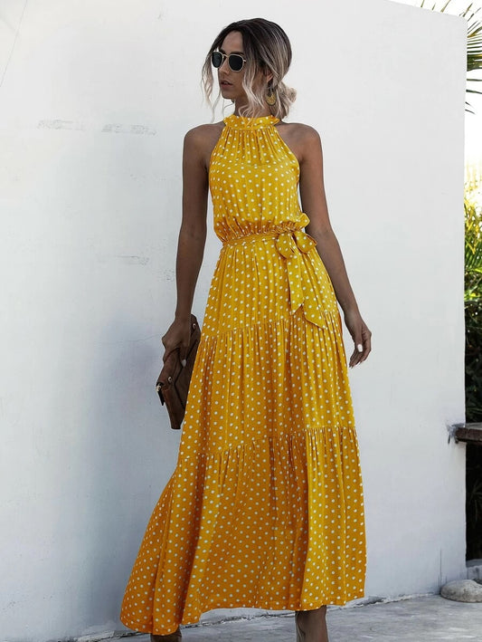 CM-DS224516 Women Casual Seoul Style Halter Self Tie Ruffle Hem Polka Dot Dress - Yellow