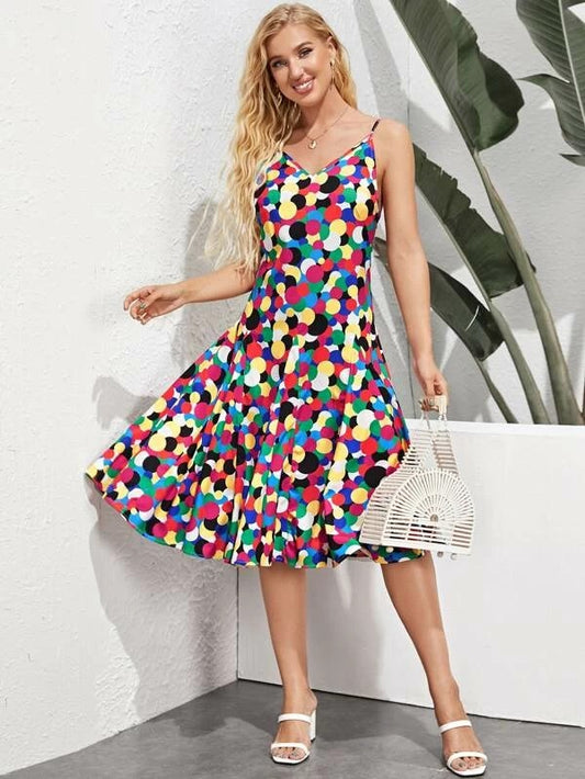 CM-DS303816 Women Casual Seoul Style Spaghetti Strap Multi-Color Polka Dot Cami Dress