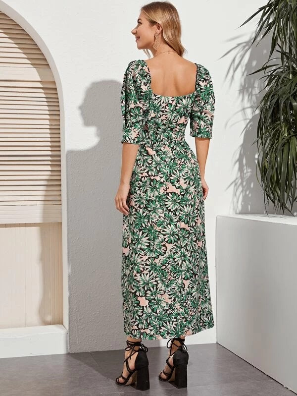 CM-DS302547 Women Trendy Bohemian Style Floral Print Cut Out Side A-Line Long Dress - Green