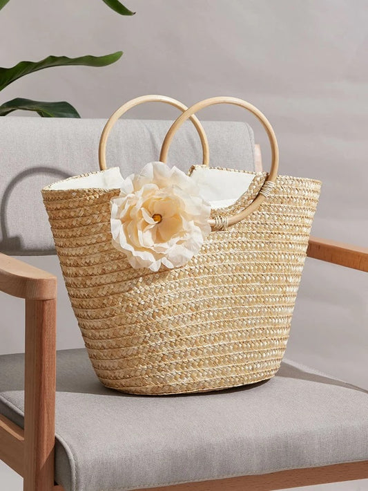 CM-BGS226508 Women Trendy Bohemian Style Floral Applique Decor Woven Tote Bag - Khaki