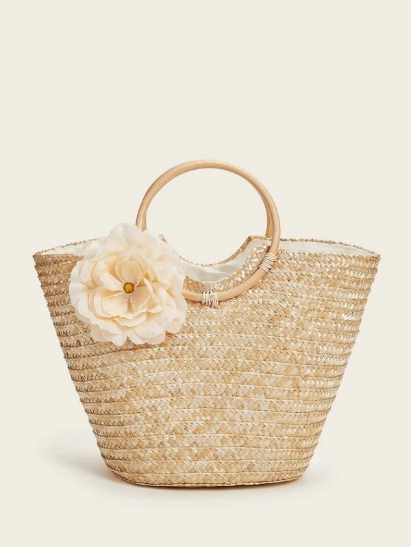 CM-BGS226508 Women Trendy Bohemian Style Floral Applique Decor Woven Tote Bag - Khaki